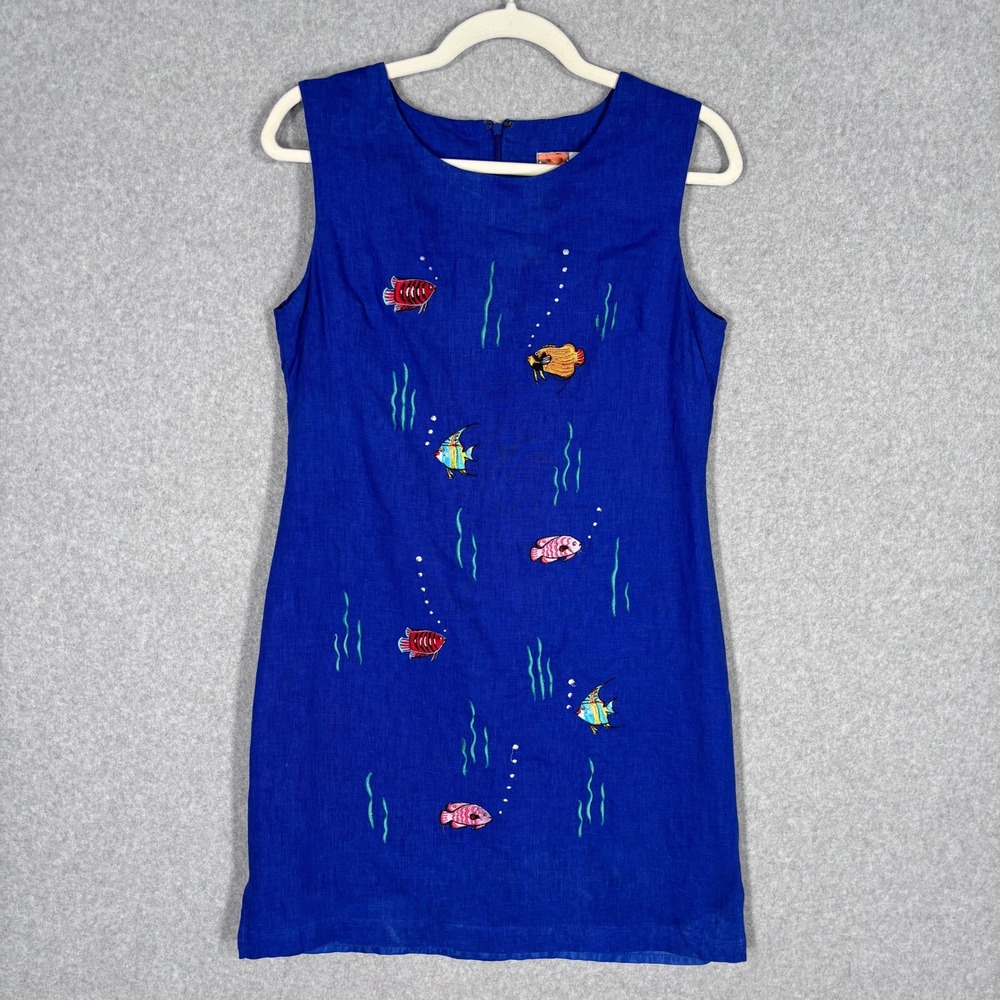 Vintage Tropical Fish Embroidered Linen Dress Size 8 Sheath Quirky Resort Cruise